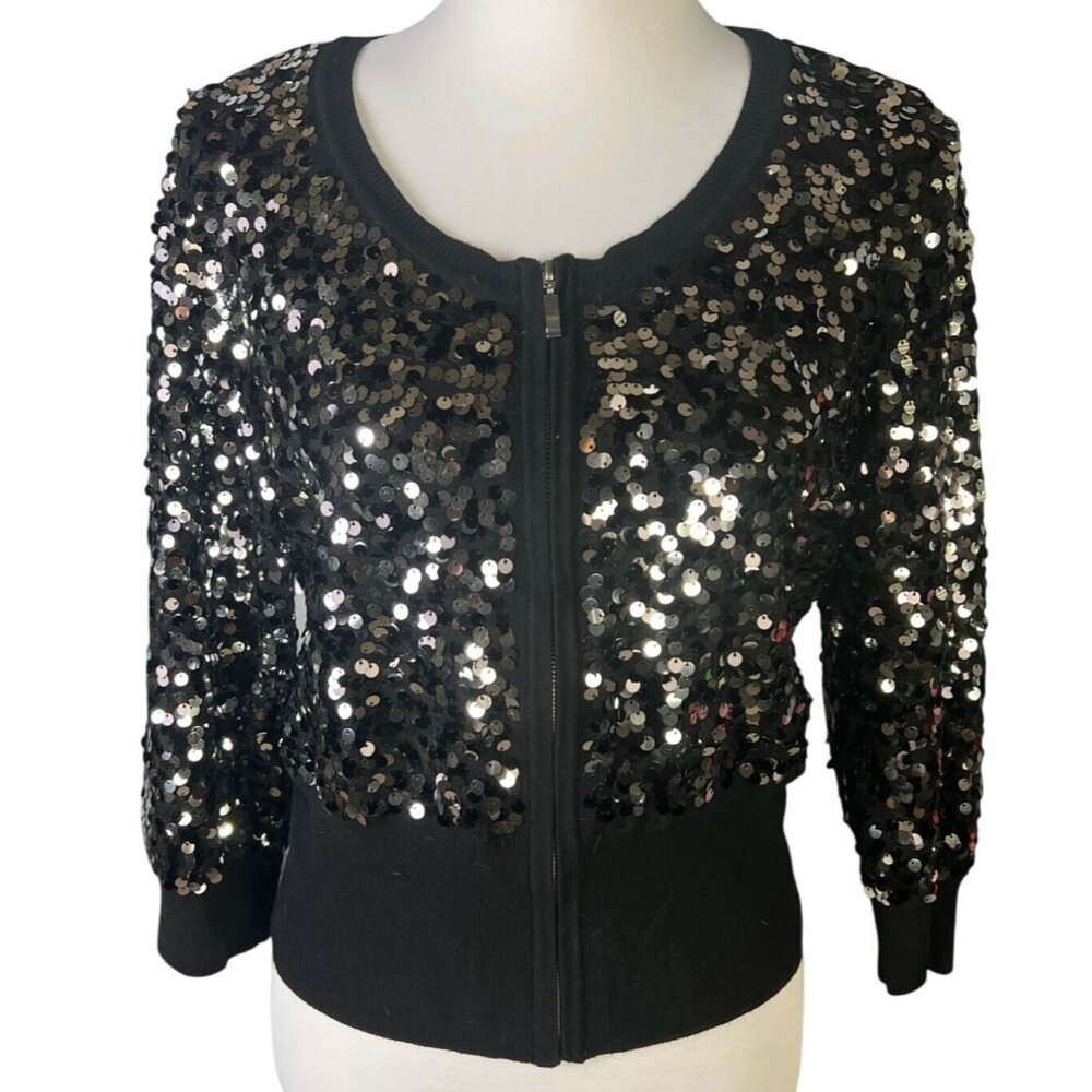 White House Black Market Black Sequin Cropped Cardigan Sweater Jacket size M